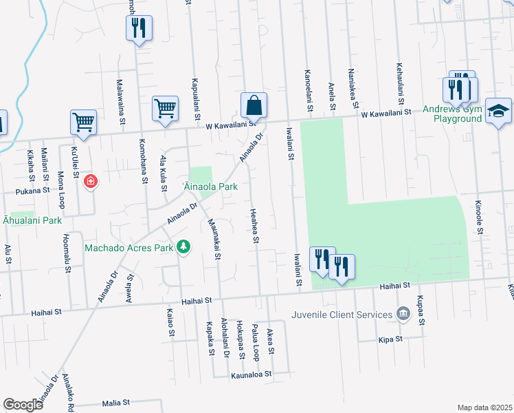 map of restaurants, bars, coffee shops, grocery stores, and more near 572 Pohakulani Street in Hilo