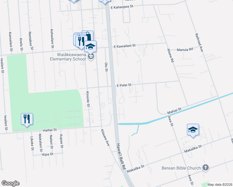 map of restaurants, bars, coffee shops, grocery stores, and more near 80 Elm Drive in Hilo