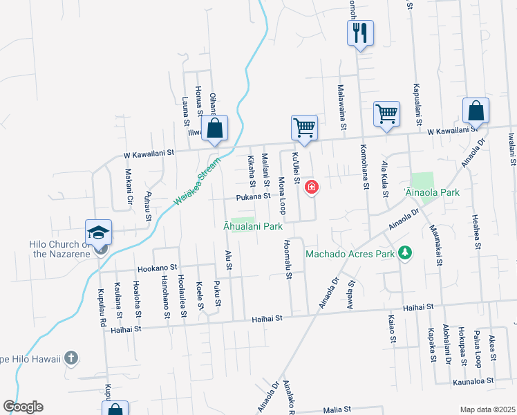 map of restaurants, bars, coffee shops, grocery stores, and more near 1506 Mailani Street in Hilo