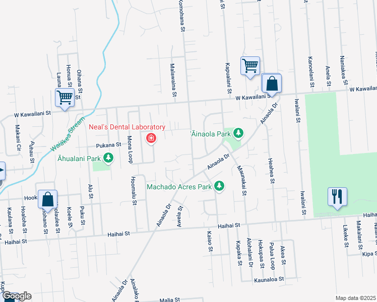 map of restaurants, bars, coffee shops, grocery stores, and more near 1498 Komohana Street in Hilo