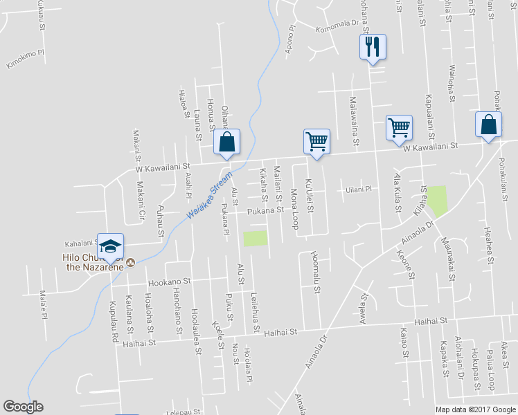 map of restaurants, bars, coffee shops, grocery stores, and more near 1018 Pukana Street in Hilo