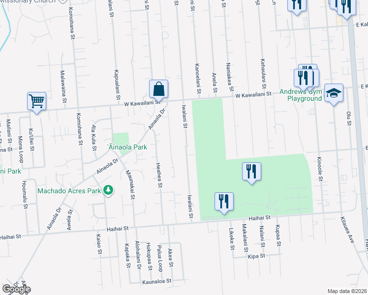 map of restaurants, bars, coffee shops, grocery stores, and more near 518 Iwalani Street in Hilo