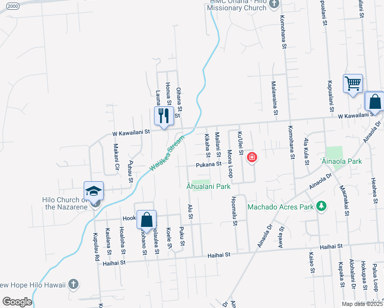 map of restaurants, bars, coffee shops, grocery stores, and more near 1442 Alu Street in Hilo