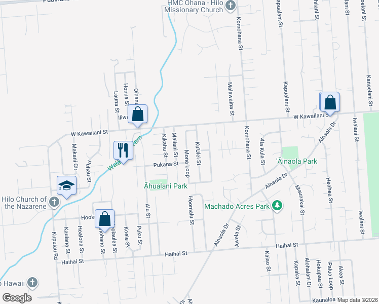 map of restaurants, bars, coffee shops, grocery stores, and more near 1452 Ku'Ulei Street in Hilo