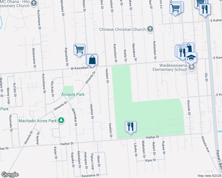 map of restaurants, bars, coffee shops, grocery stores, and more near 518 Iwalani Street in Hilo