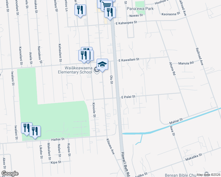 map of restaurants, bars, coffee shops, grocery stores, and more near 303 Olu Street in Hilo