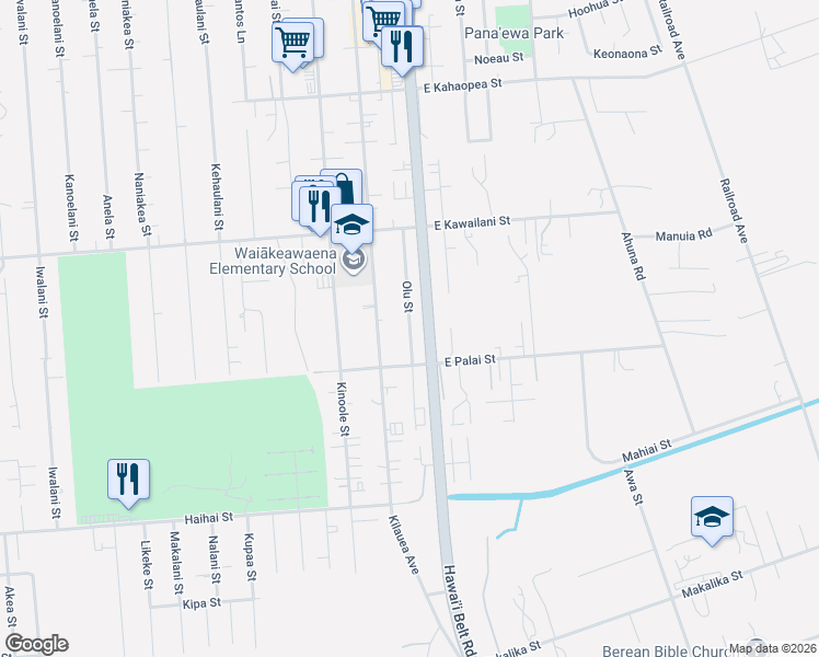 map of restaurants, bars, coffee shops, grocery stores, and more near 315 Olu Street in Hilo