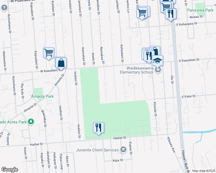 map of restaurants, bars, coffee shops, grocery stores, and more near 477A Naniakea Street in Hilo