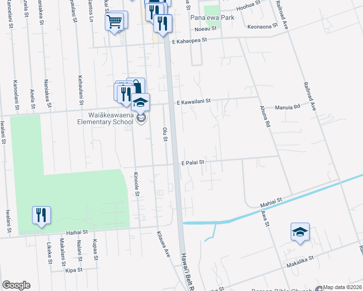 map of restaurants, bars, coffee shops, grocery stores, and more near 89A East Palai Street in Hilo