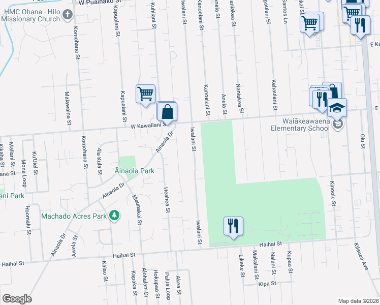 map of restaurants, bars, coffee shops, grocery stores, and more near 460 Iwalani Street in Hilo