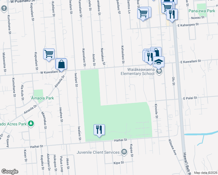 map of restaurants, bars, coffee shops, grocery stores, and more near 477A Naniakea Street in Hilo