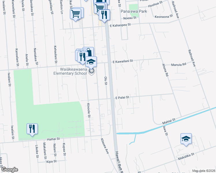 map of restaurants, bars, coffee shops, grocery stores, and more near 303 Olu Street in Hilo