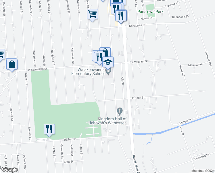map of restaurants, bars, coffee shops, grocery stores, and more near 2305 Kinoole Street in Hilo