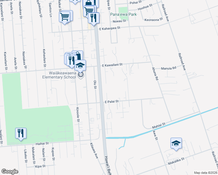 map of restaurants, bars, coffee shops, grocery stores, and more near 89A East Palai Street in Hilo