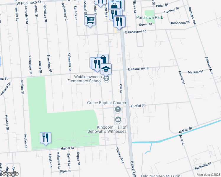 map of restaurants, bars, coffee shops, grocery stores, and more near 2450 Kilauea Avenue in Hilo
