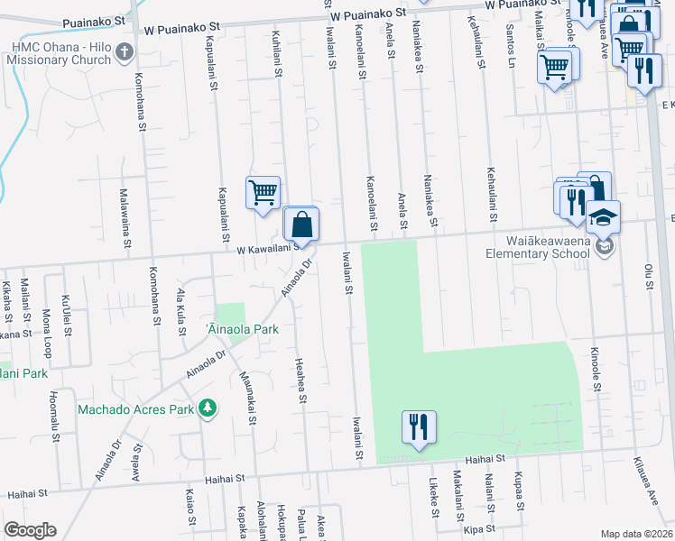 map of restaurants, bars, coffee shops, grocery stores, and more near 400 Iwalani Street in Hilo