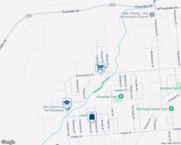 map of restaurants, bars, coffee shops, grocery stores, and more near 1172 West Kawailani Street in Hilo