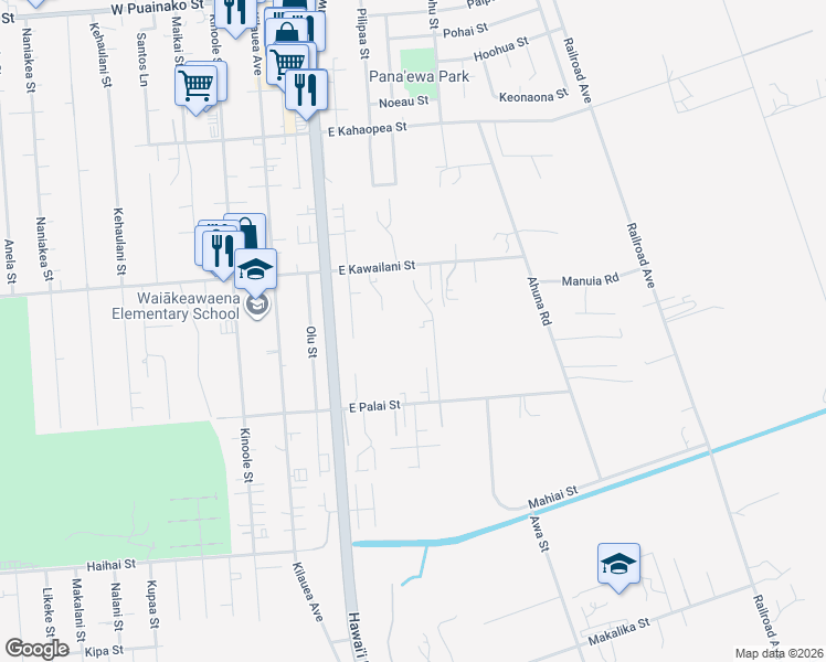 map of restaurants, bars, coffee shops, grocery stores, and more near 2344 Nohona Street in Hilo