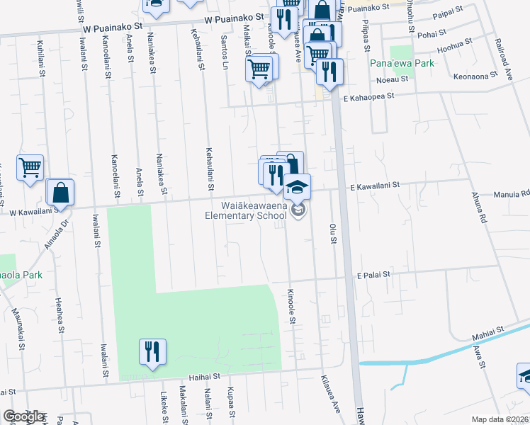 map of restaurants, bars, coffee shops, grocery stores, and more near 89 West Kawailani Street in Hilo