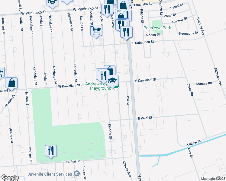 map of restaurants, bars, coffee shops, grocery stores, and more near 2420 Kilauea Avenue in Hilo
