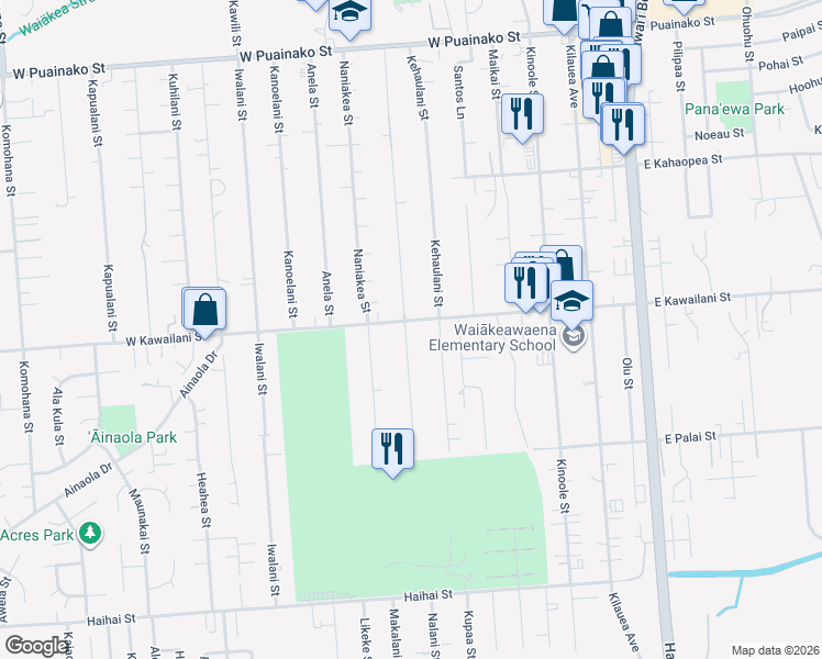 map of restaurants, bars, coffee shops, grocery stores, and more near 230 West Kawailani Street in Hilo