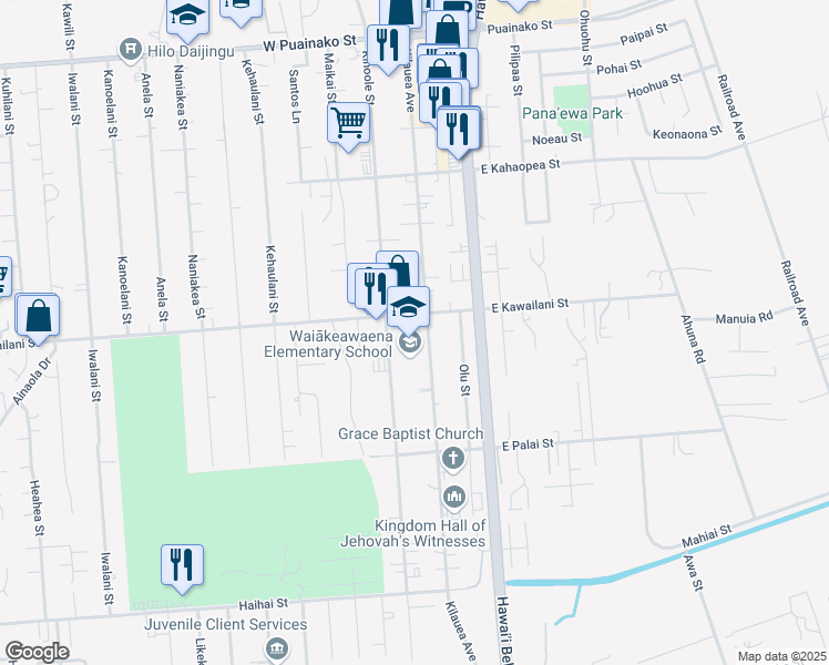 map of restaurants, bars, coffee shops, grocery stores, and more near 2420 Kilauea Avenue in Hilo