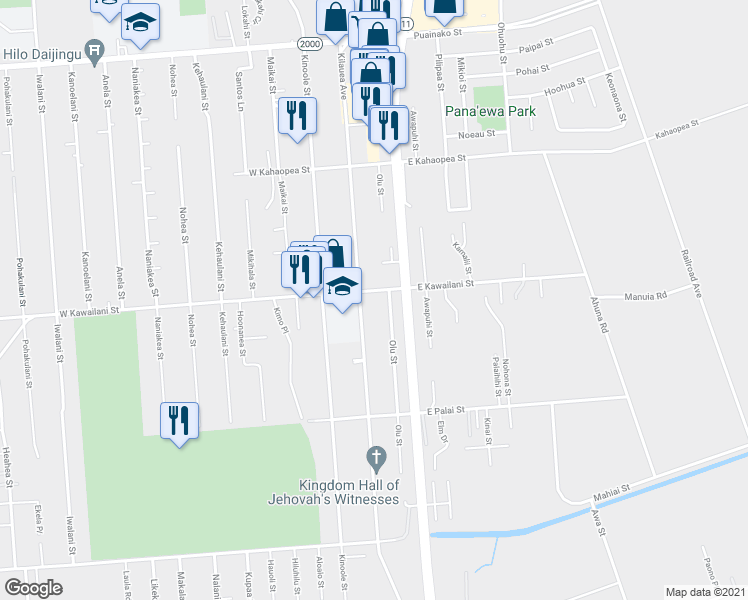 map of restaurants, bars, coffee shops, grocery stores, and more near 2379A Kilauea Avenue in Hilo