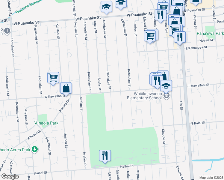 map of restaurants, bars, coffee shops, grocery stores, and more near 288 West Kawailani Street in Hilo