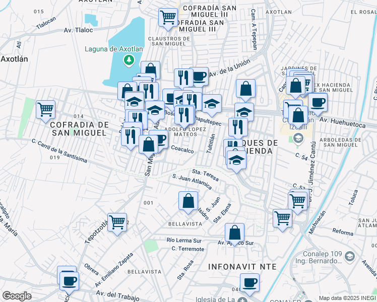 map of restaurants, bars, coffee shops, grocery stores, and more near Calle Coacalco in Tlalnepantla