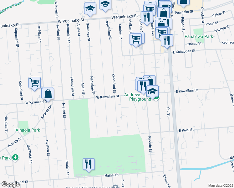 map of restaurants, bars, coffee shops, grocery stores, and more near 188 West Kawailani Street in Hilo