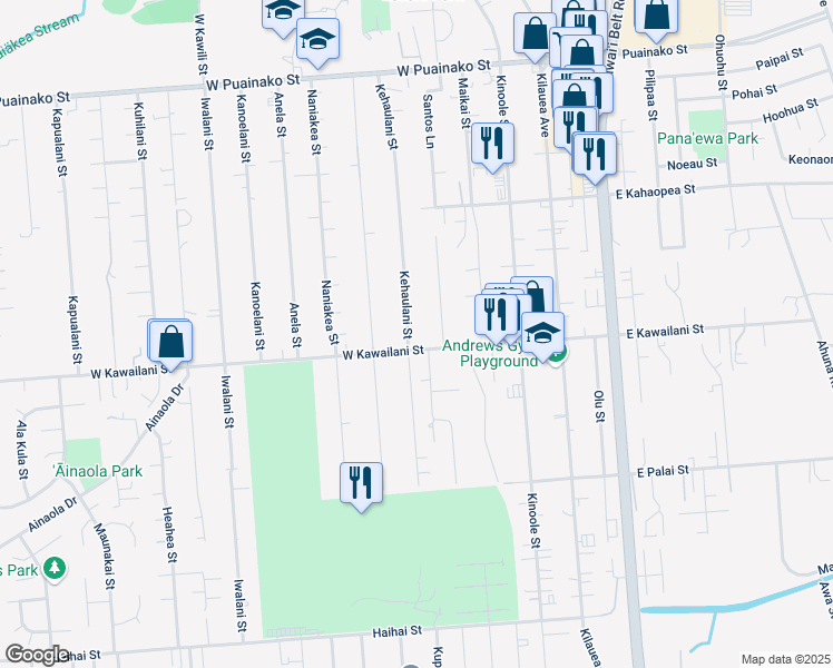 map of restaurants, bars, coffee shops, grocery stores, and more near 188 West Kawailani Street in Hilo