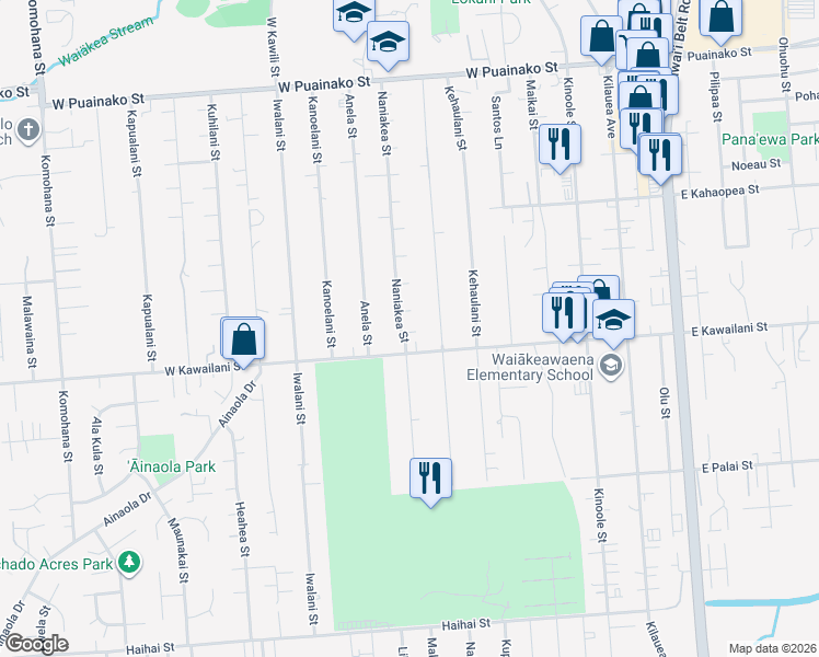 map of restaurants, bars, coffee shops, grocery stores, and more near 288 West Kawailani Street in Hilo