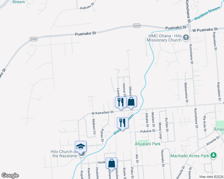map of restaurants, bars, coffee shops, grocery stores, and more near 1195 Hialoa Street in Hilo