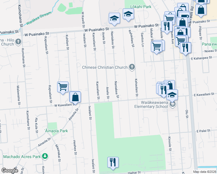 map of restaurants, bars, coffee shops, grocery stores, and more near 291 Anela Street in Hilo
