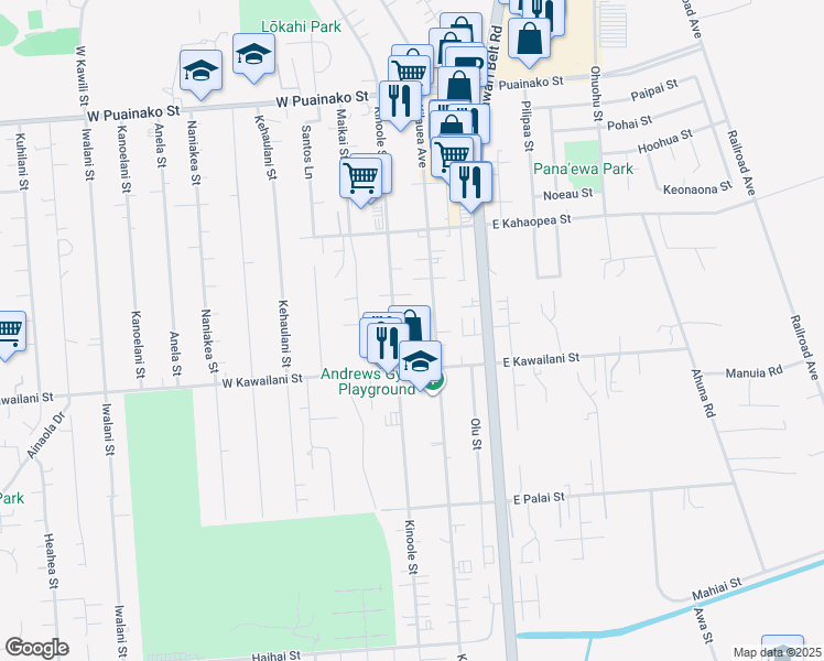 map of restaurants, bars, coffee shops, grocery stores, and more near 2145 Kinoole Street in Hilo