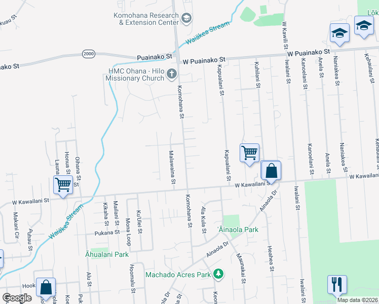 map of restaurants, bars, coffee shops, grocery stores, and more near 1249 Komohana Street in Hilo