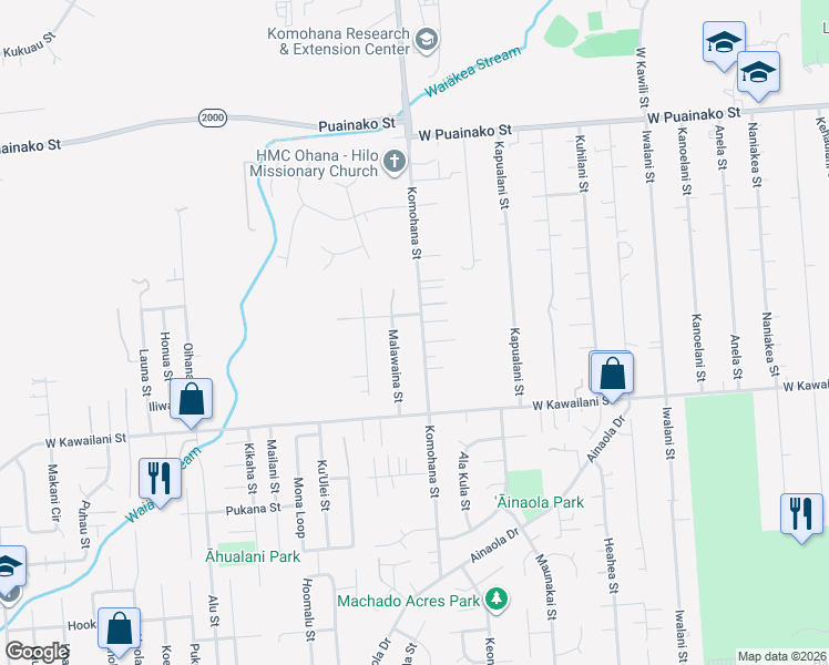map of restaurants, bars, coffee shops, grocery stores, and more near 1249 Komohana Street in Hilo