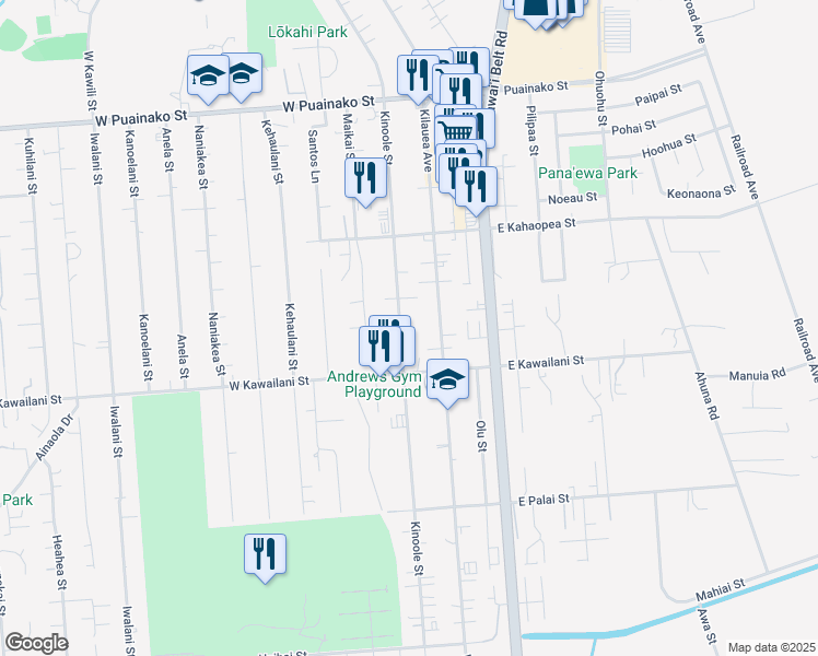 map of restaurants, bars, coffee shops, grocery stores, and more near 2145 Kinoole Street in Hilo