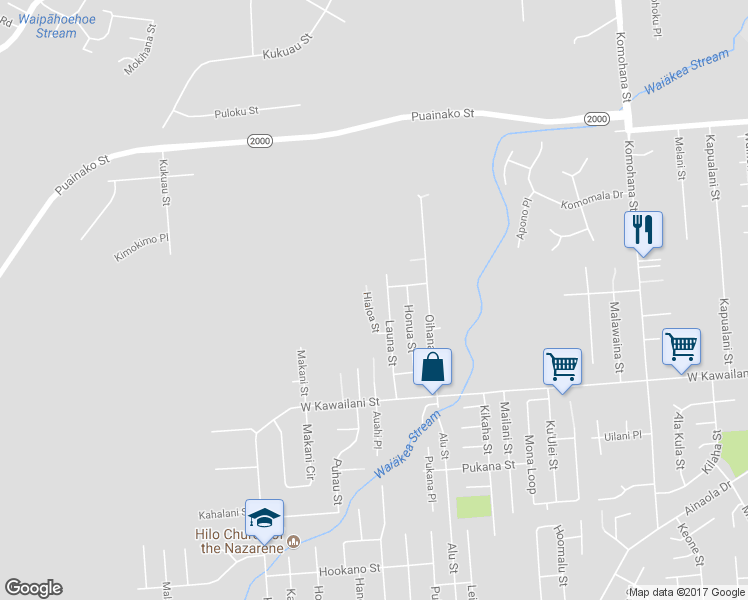 map of restaurants, bars, coffee shops, grocery stores, and more near 1195 Hialoa Street in Hilo