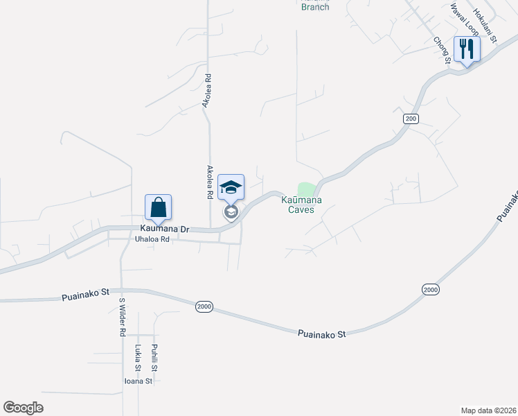 map of restaurants, bars, coffee shops, grocery stores, and more near 1673 Kaumana Drive in Hilo