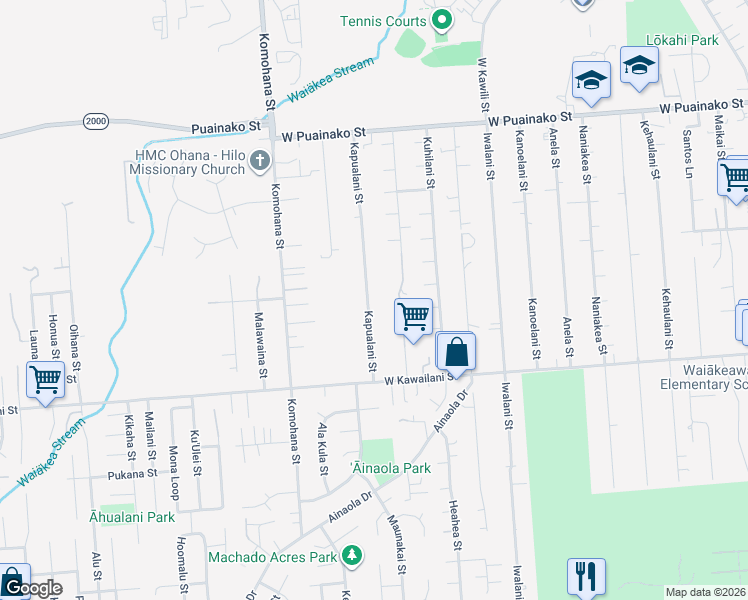 map of restaurants, bars, coffee shops, grocery stores, and more near 251 Kapualani Street in Hilo