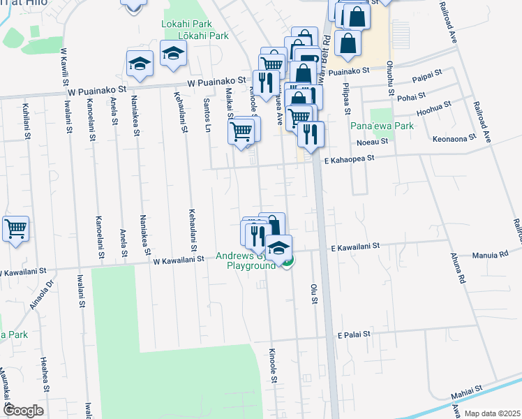 map of restaurants, bars, coffee shops, grocery stores, and more near 2094 Kinoole Street in Hilo