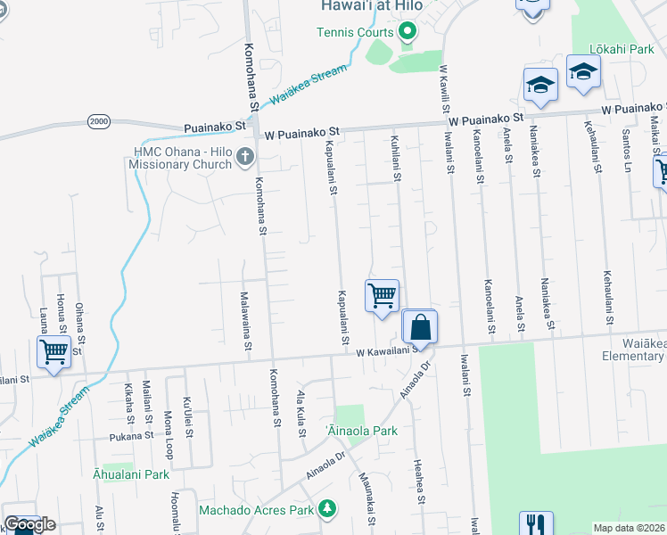 map of restaurants, bars, coffee shops, grocery stores, and more near 230 Kapualani Street in Hilo