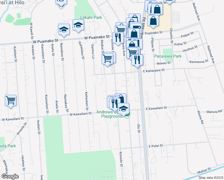 map of restaurants, bars, coffee shops, grocery stores, and more near 2094 Kinoole Street in Hilo