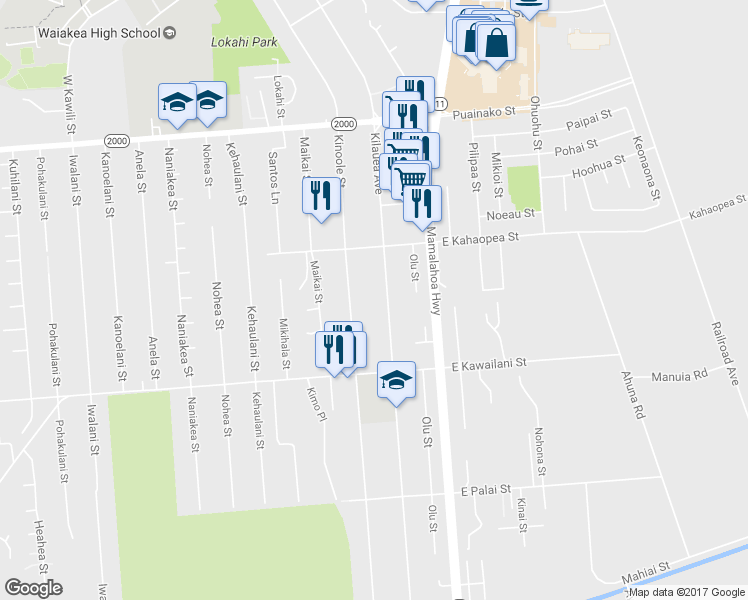 map of restaurants, bars, coffee shops, grocery stores, and more near 2266 Kilauea Avenue in Hilo