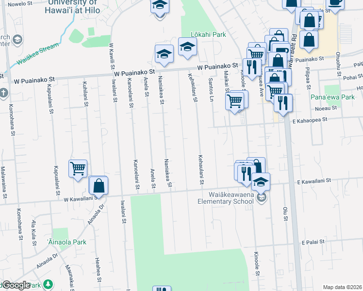 map of restaurants, bars, coffee shops, grocery stores, and more near 285 Kahiko Place in Hilo