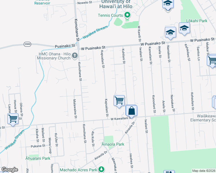 map of restaurants, bars, coffee shops, grocery stores, and more near 230 Kapualani Street in Hilo
