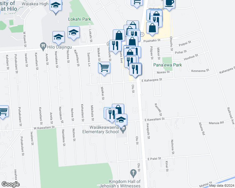 map of restaurants, bars, coffee shops, grocery stores, and more near 2057 Kinoole Street in Hilo