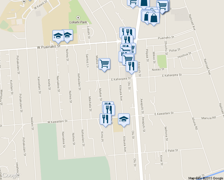 map of restaurants, bars, coffee shops, grocery stores, and more near 2059 Kinoole Street in Hilo