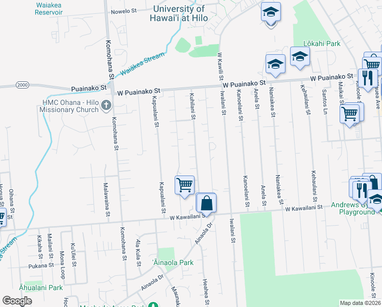 map of restaurants, bars, coffee shops, grocery stores, and more near 335 Kapii Place in Hilo